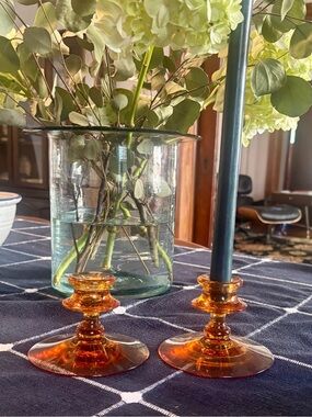 Pair of 1920’s Amber Glass Candlestick Holders - Set of 2